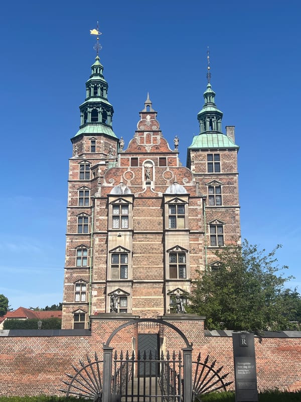 Geese roam the grounds of Rosenborg Castle on a summer morning