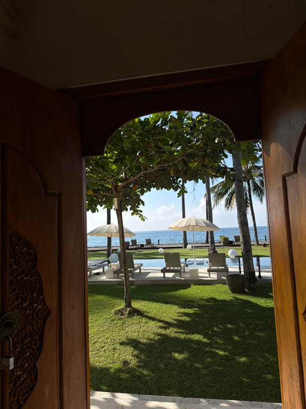 Tourist documents tropical resort stay in Karangasem, Indonesia