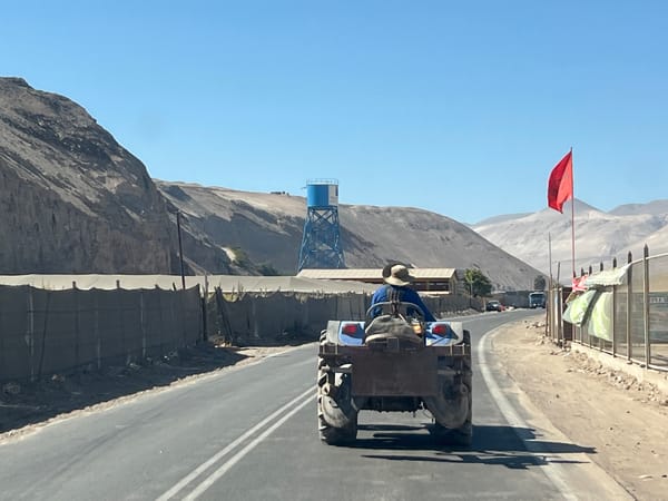 Blue tractor and trailer rolling down a fenced road in Arica