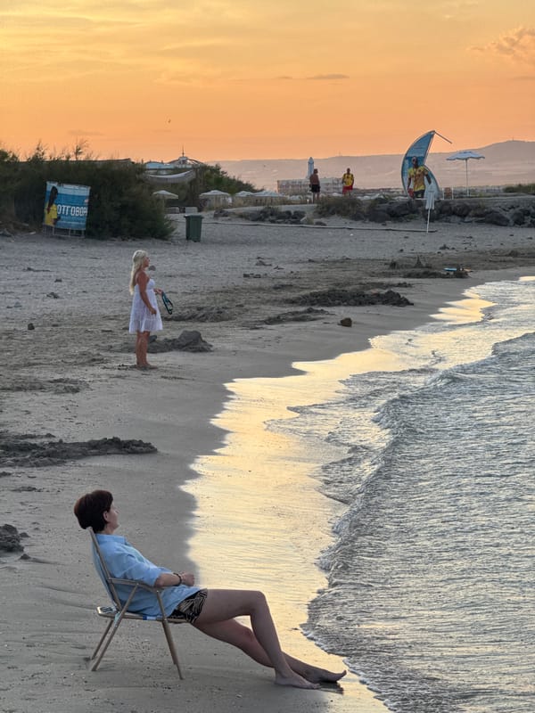 Sunset along the Black Sea shore in Pomorie, Bulgaria