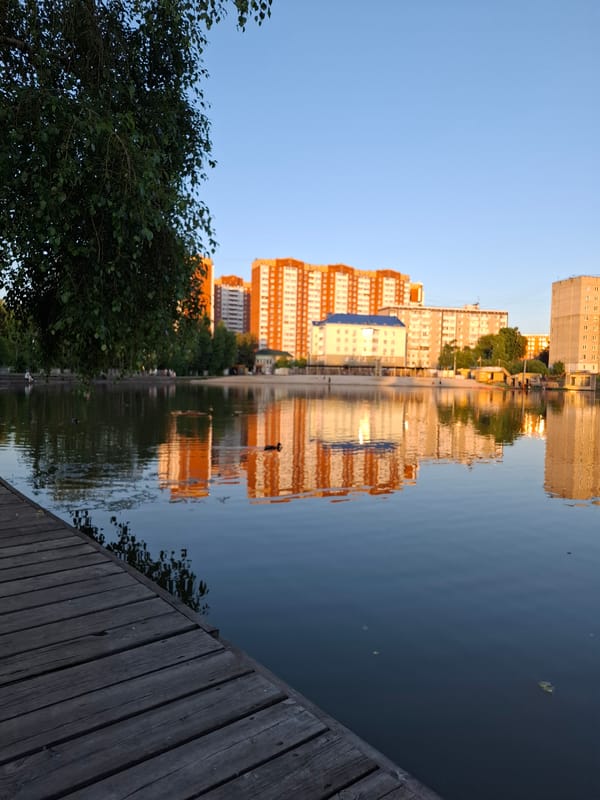 Sunset evening at Dmitrov's waterfront pier
