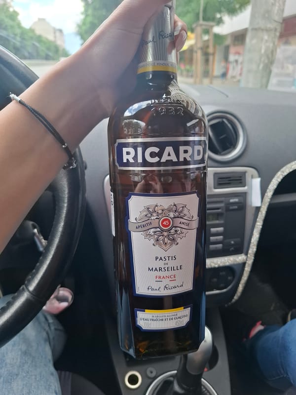 Driver holds French pastis bottle in stationary car