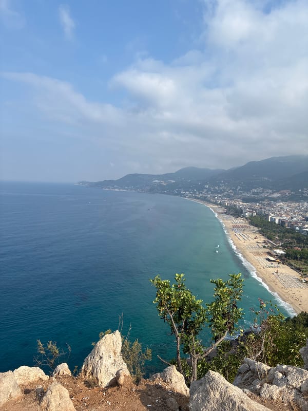 Alanya from above: coast, cliffs, city, and hillside gardens