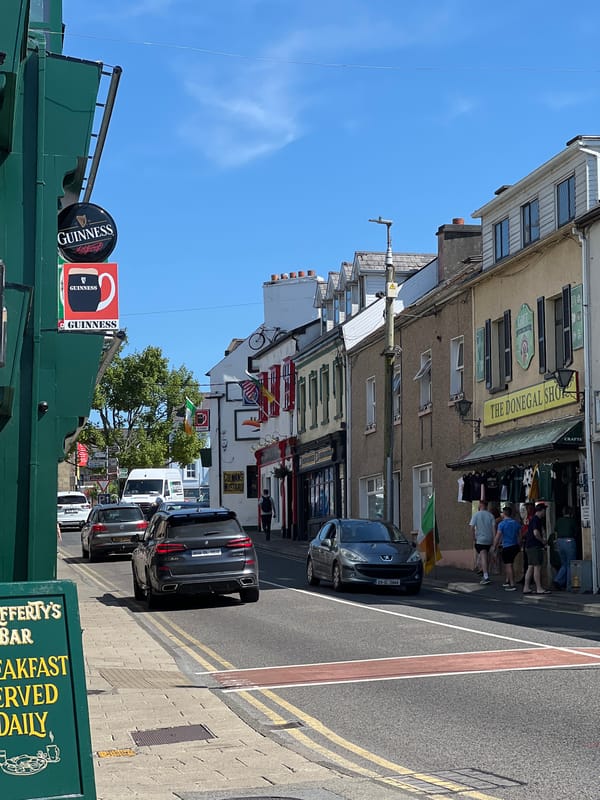 Donegal Town's harbour pubs and streets on a sunny morning