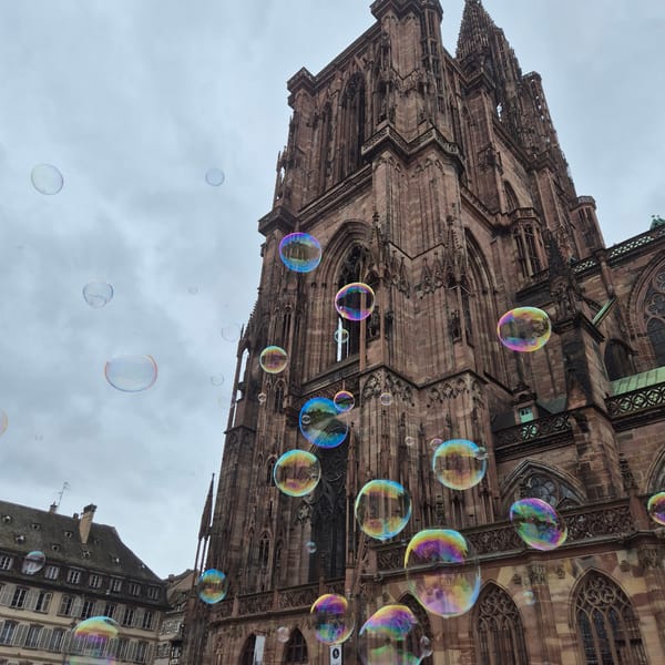 Street performer draws crowds with soap bubbles at Strasbourg Cathedral