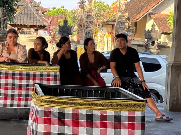 Barong masks and temple architecture at a Sukawati cultural site
