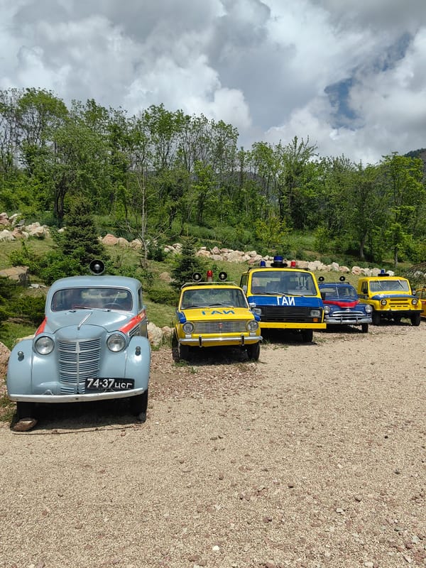 Vintage vehicle and recreational displays spotted in Alushta, Ukraine