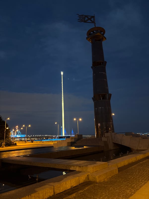 Saint Petersburg waterfront landmarks at twilight, June night