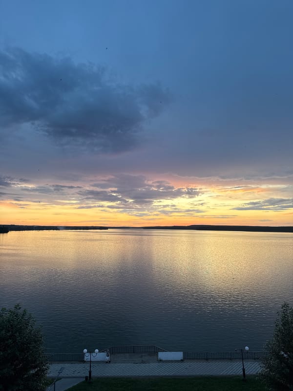 Twilight colors settle over Votkinsk's waterways and forests