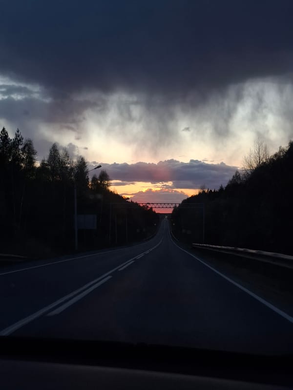 Sunset photograph captures tree-lined road in Chaykovsky, Russia