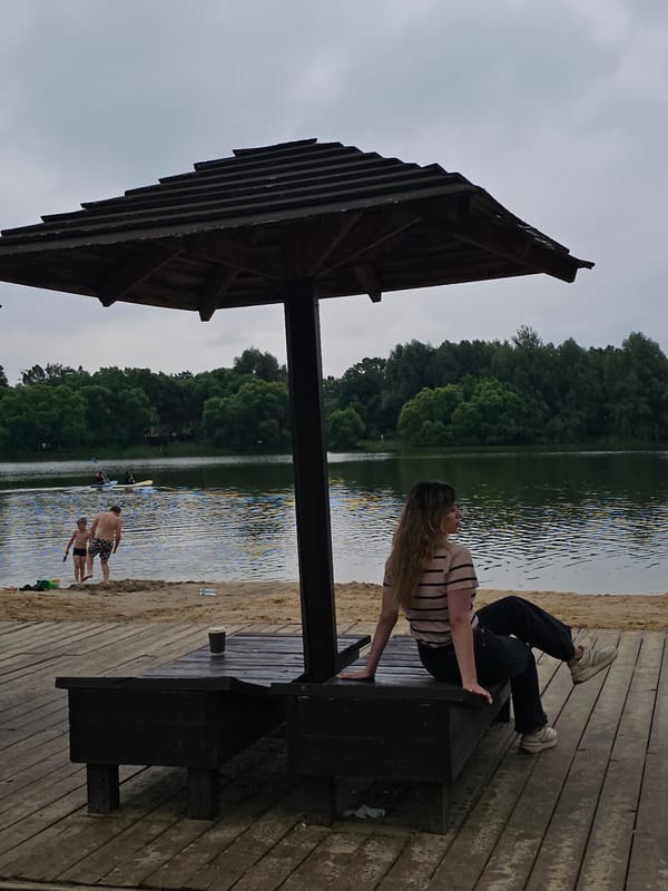 Relaxing under a lakeside gazebo in Moscow