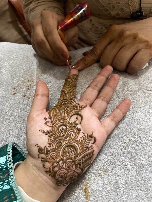 Elaborate henna designs applied to hand in Dhaka