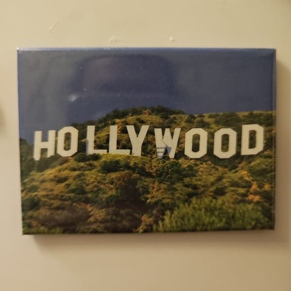 Tourist souvenirs documented in Rostov including Hollywood sign magnet