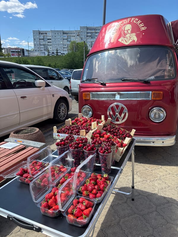 Morning fruit vendor sells berries in Krasnoyarsk street market