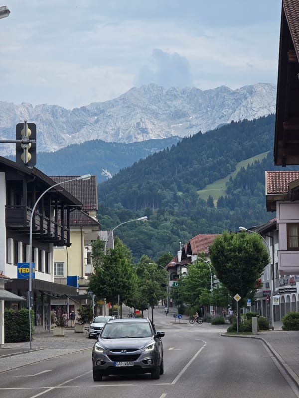 Street scenes and river views in Garmisch-Partenkirchen, Alps backdrop