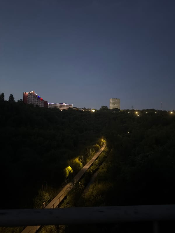 Evening walk along a tree-lined pedestrian bridge in Perm