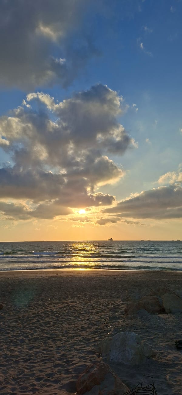 Sunset beach walk: waves, shells, palms, and a sailboat