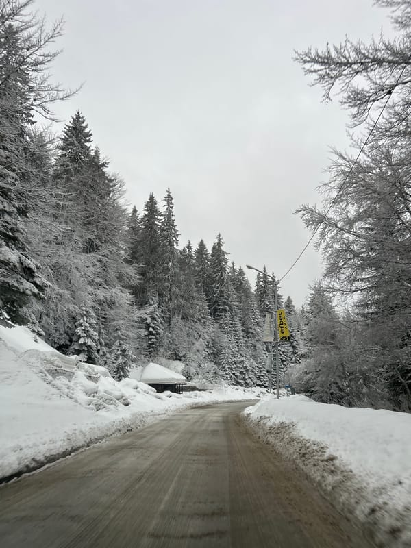 Spring snow blankets roads and forests in Smolyan, Bulgaria
