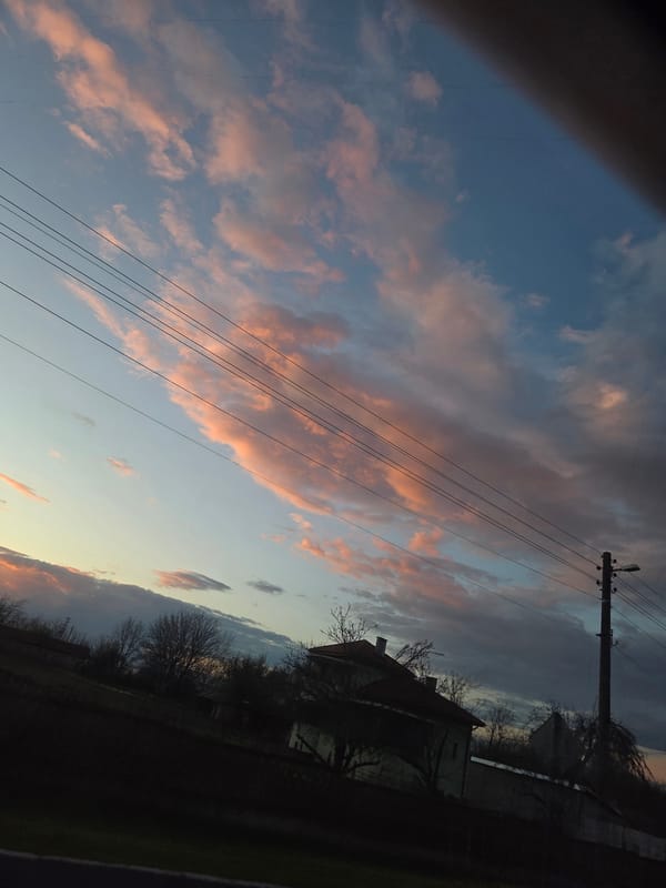 Twilight sky with pink clouds photographed in Koilovtsi, Bulgaria