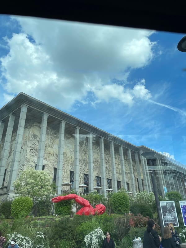 Classical building with bas-reliefs photographed from vehicle in Paris