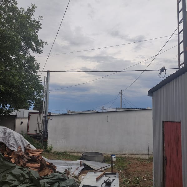 Firewood stored outside under tarps on an overcast day