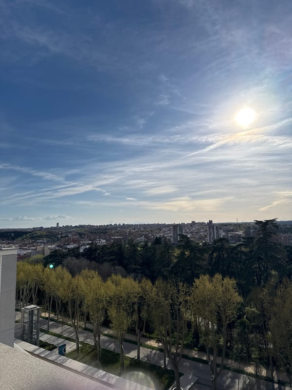 Aerial view captures Madrid cityscape under clear skies