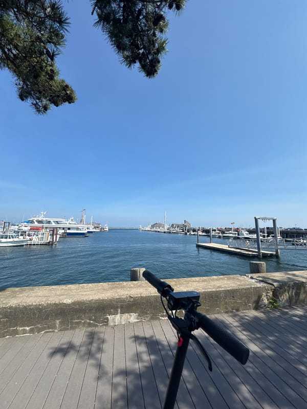 Electric scooter parked with a sunny marina in the background