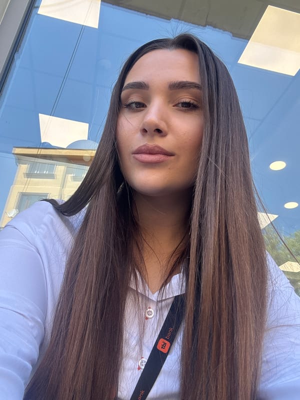 Bank employee takes selfies during morning break in Gabrovo