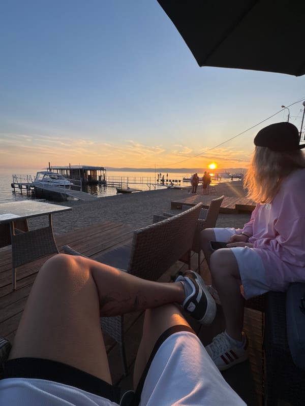 Sunset drinks and a boat called Опричник on Lake Baikal