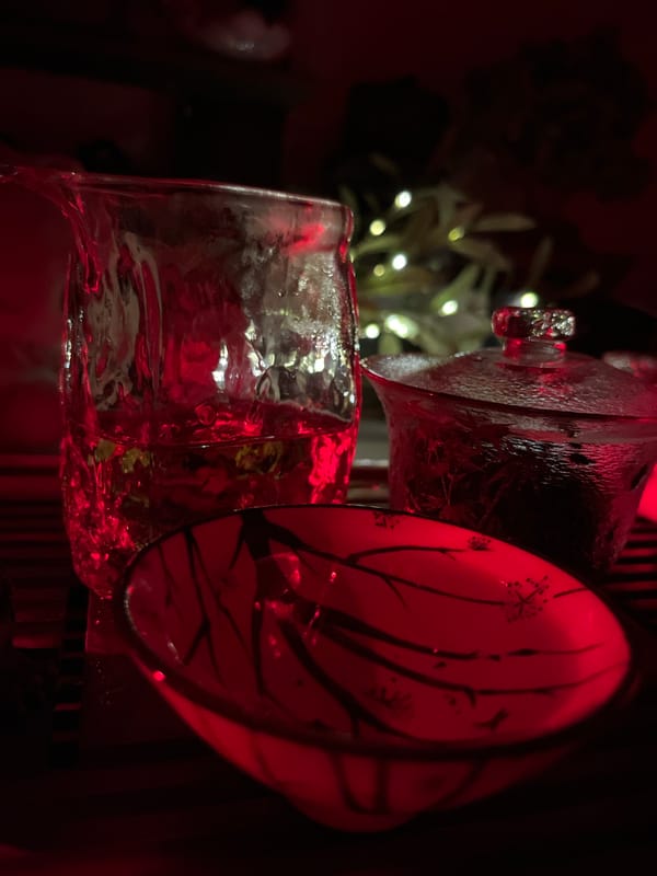 Tea ceremony with traditional implements and plush toys documented