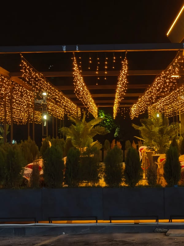 Warm fairy lights and modern planters on a Fergana night out