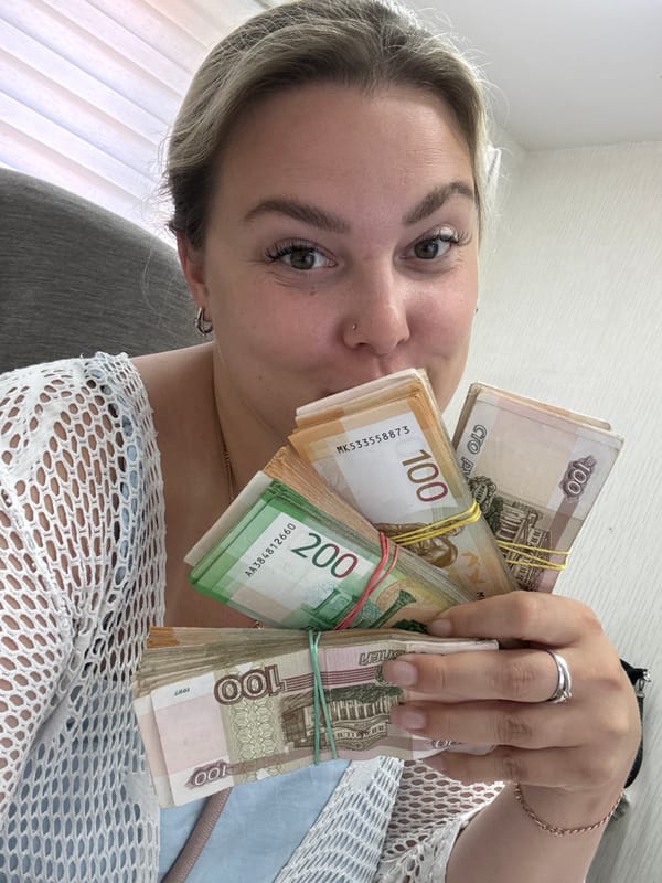 Stacks of Russian rubles on display in Noviy, Russia