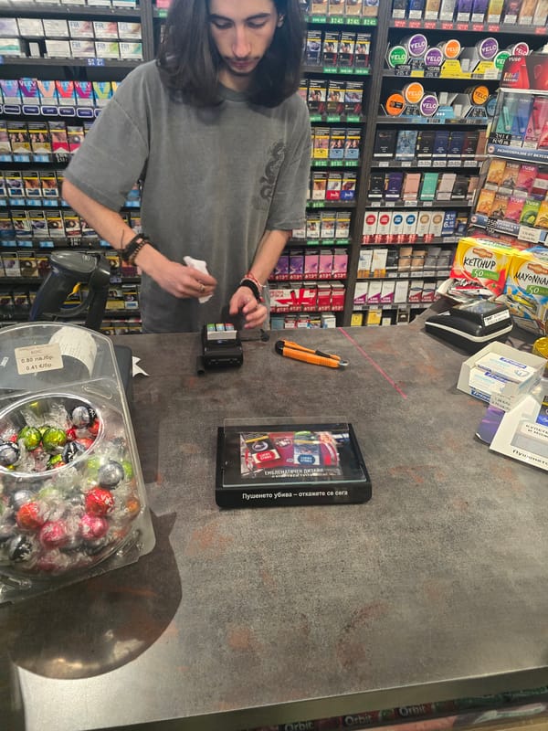 Late-night convenience store visit documented in Smolyan, Bulgaria
