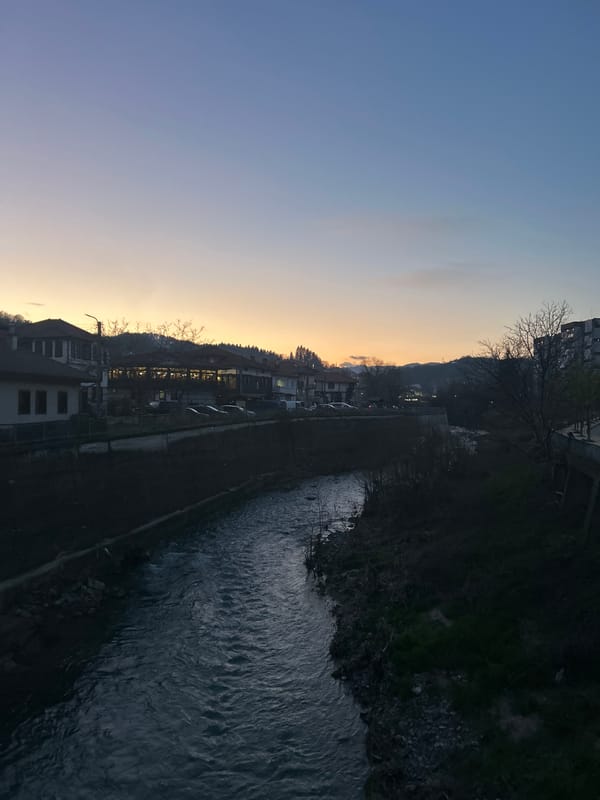 Evening drive documented through Zlatograd, Bulgaria streets at twilight