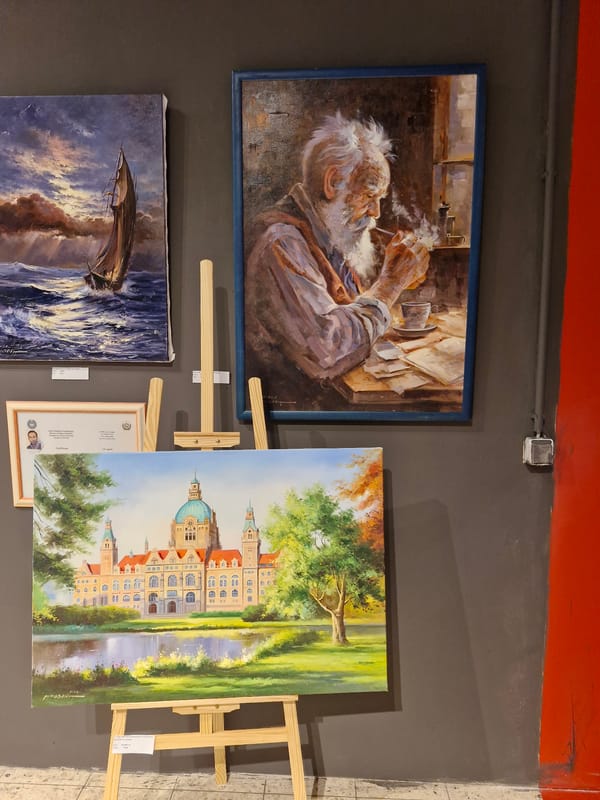 Inside a Bremen art gallery showing paintings and prints
