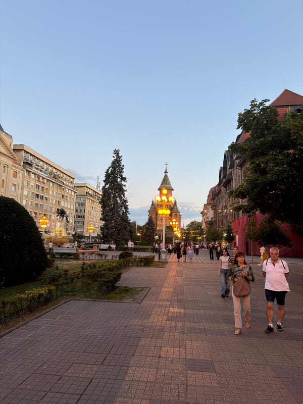 Evening scenes captured in Timișoara showing cathedral and fountain