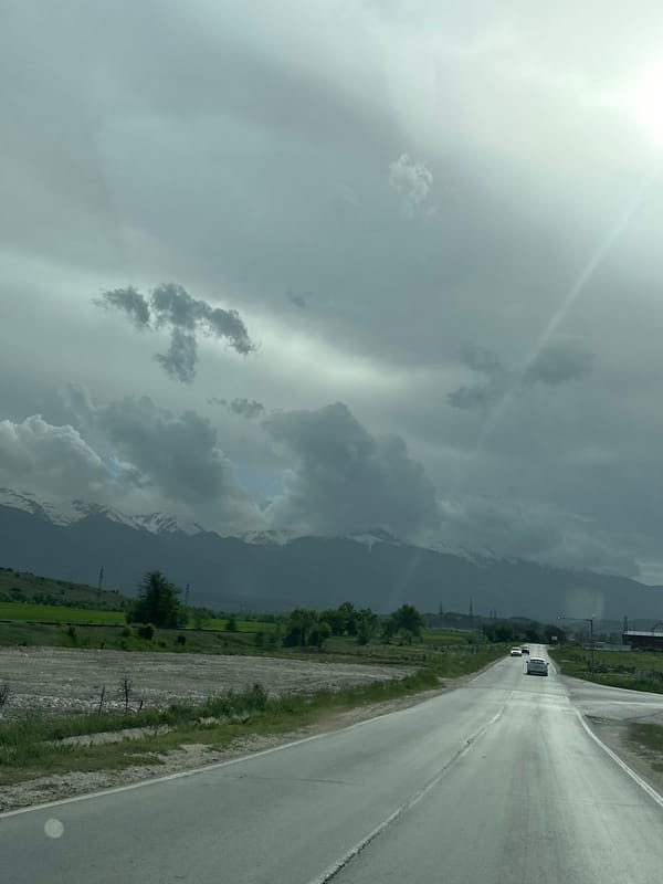 Rural road scene captured with distant traffic, fields, mountains