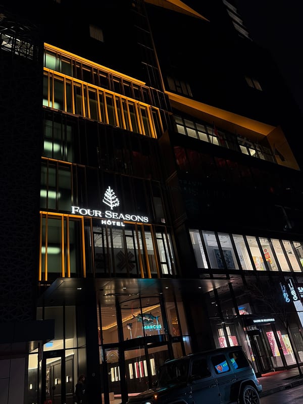 Nighttime architectural lighting observed at Montreal hotels early Sunday morning