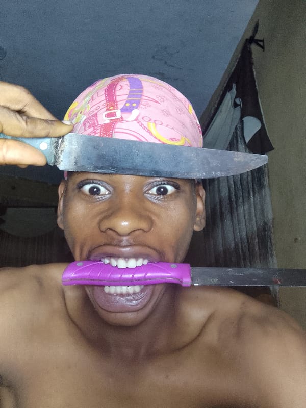Person with knives photographed multiple times in pink headscarf