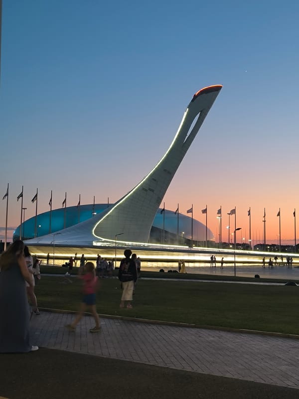 Sochi Olympic Park venues glow at dusk