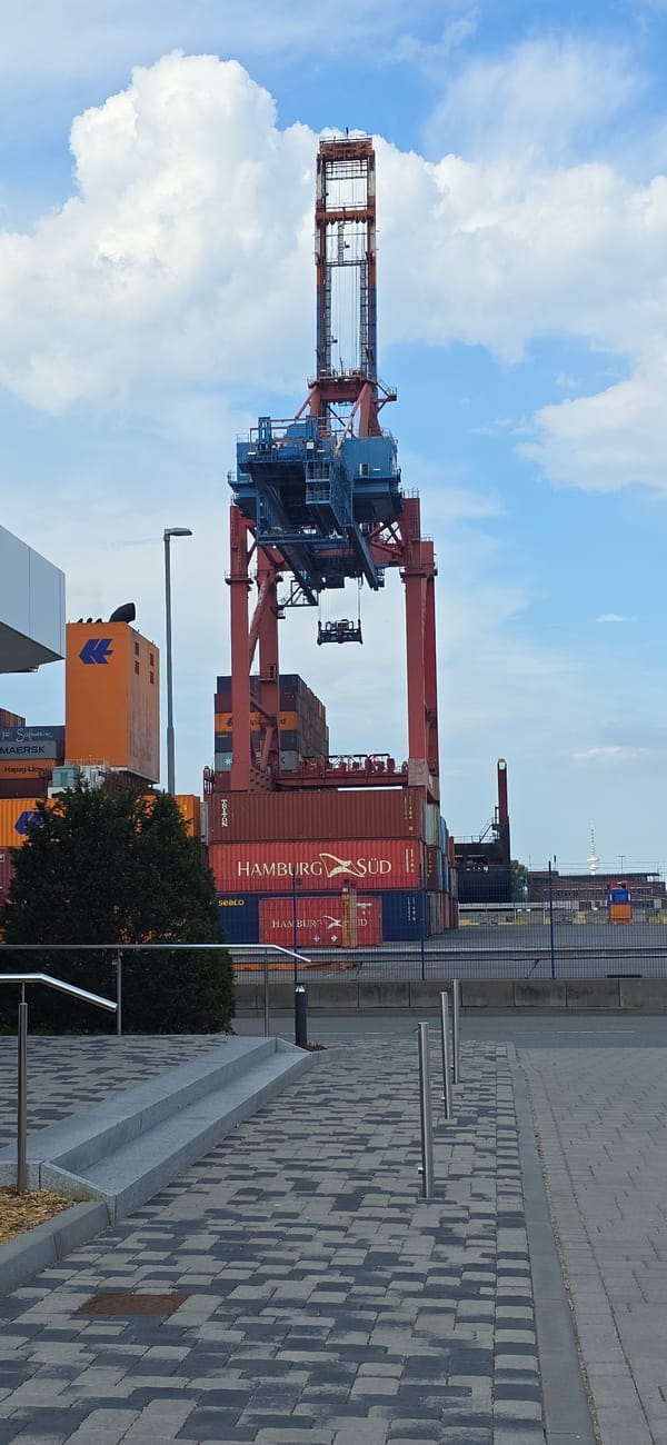 Red and blue cranes and container art at Hamburg's port