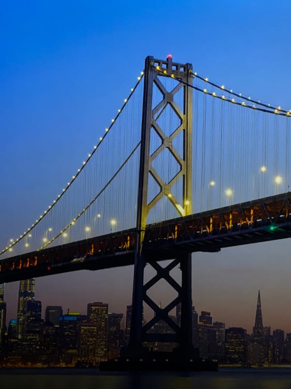 San Francisco's Bay Bridge glowing against the night skyline