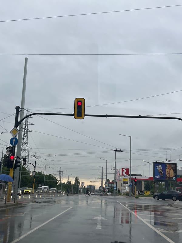 Rainy morning street conditions observed in Sofia Bulgaria