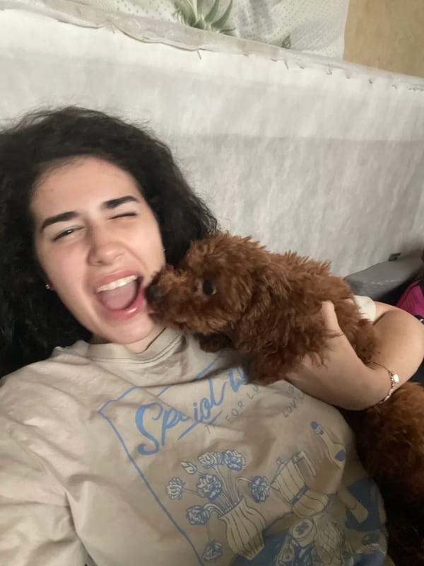 Woman and poodle share quiet afternoon moments in Sofia home