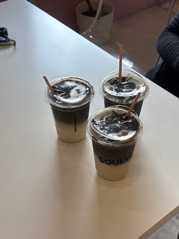 Layered iced lattes at a Puebla café
