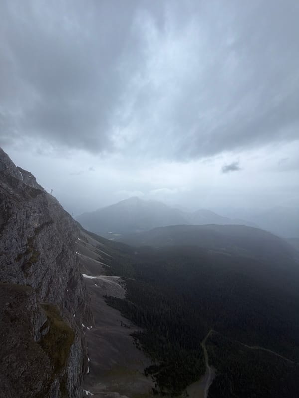 Cable car ride up the Zugspitze on a cloudy June day