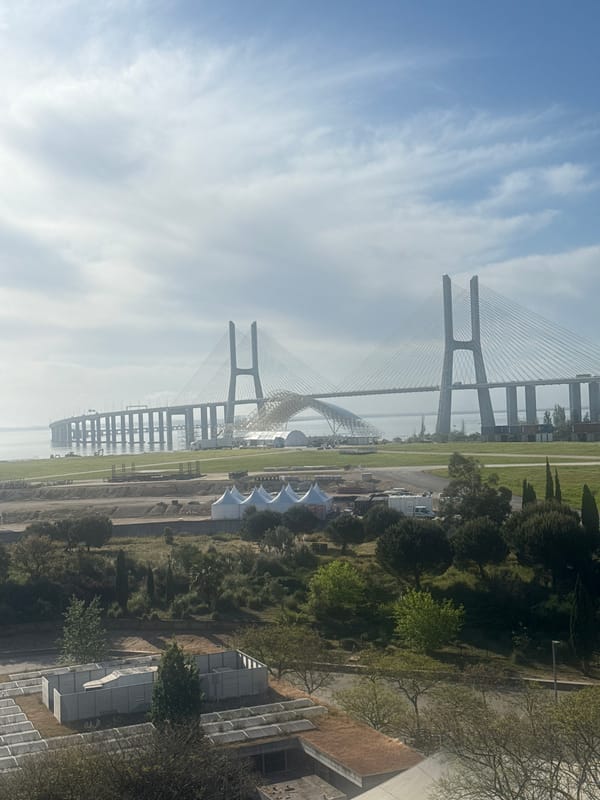 Vasco da Gama Bridge photographed under cloudy skies in Portugal