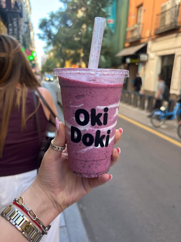 Colorful beverages and pastry spotted at Madrid outdoor location