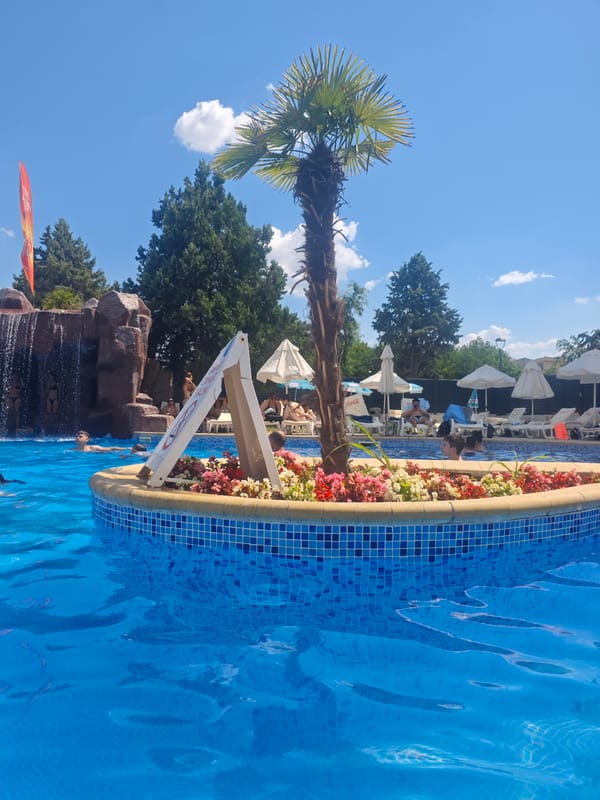 Crowded outdoor pool on a hot summer day in Plovdiv