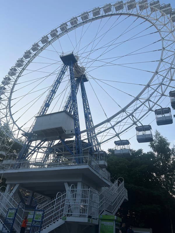 Summer evening at a Moscow park lake and Ferris wheel
